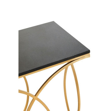Black Marble Top Console Table with Curved Gold Finish Metal Frame | Kia