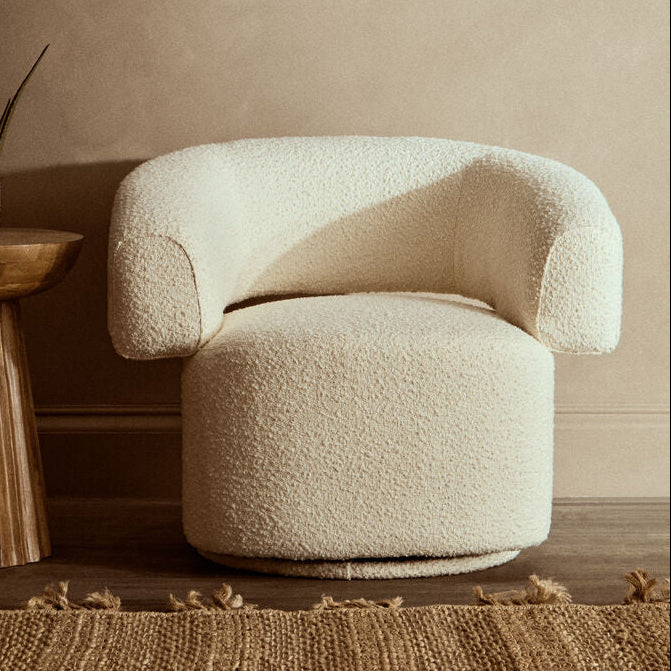 Ivory Boucle Curved Swivel Armchair | Oliveto