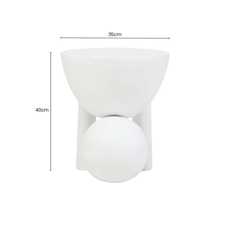 White Finish Mango Wood Round Side Table with Sphere and Semi-Cupped Legs, Walsa