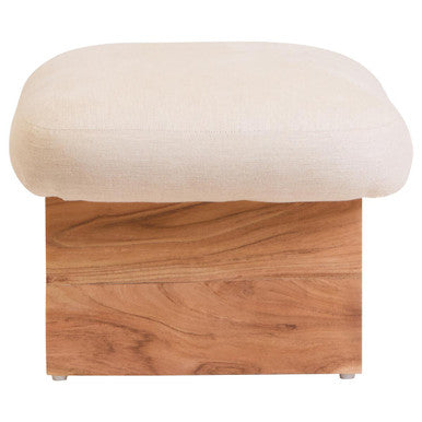 Cream Linen Textured Footstool with Wood Base | Parova