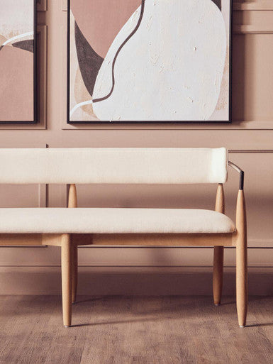 Cream Textured Fabric Dining Bench with Wood Frame | Persolo
