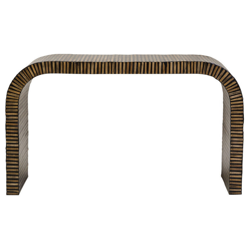 Natural Bamboo Inlay Curved Console Table with Sculptural Striped Design | Bambusa
