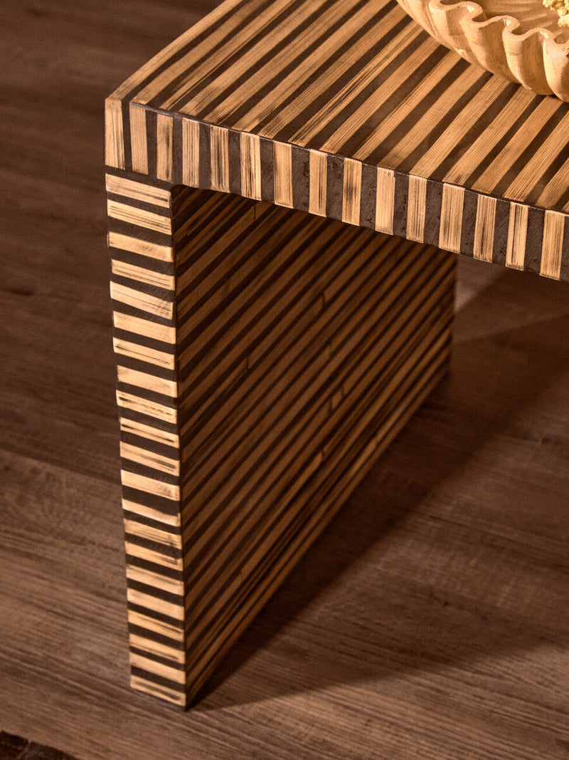 Natural Bamboo Inlay Square Side Table with Linear Pattern and Open Base | Bambusa