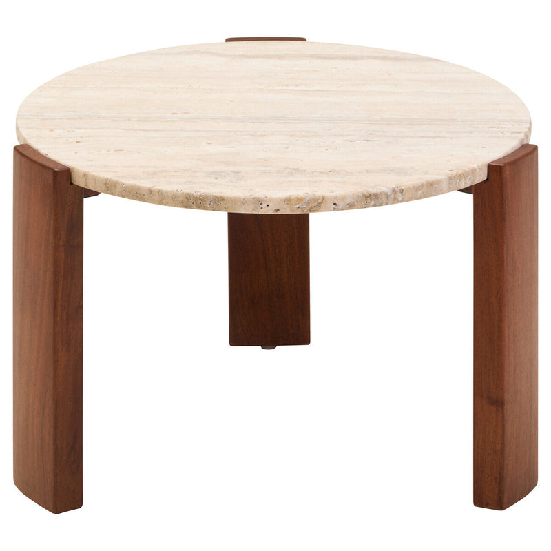 Cream Travertine Top Small Round Coffee Table with Natural Brown Acacia Wood Legs | Palermo