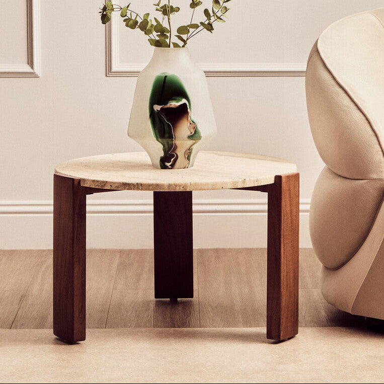 Cream Travertine Top Small Round Coffee Table with Natural Brown Acacia Wood Legs | Palermo