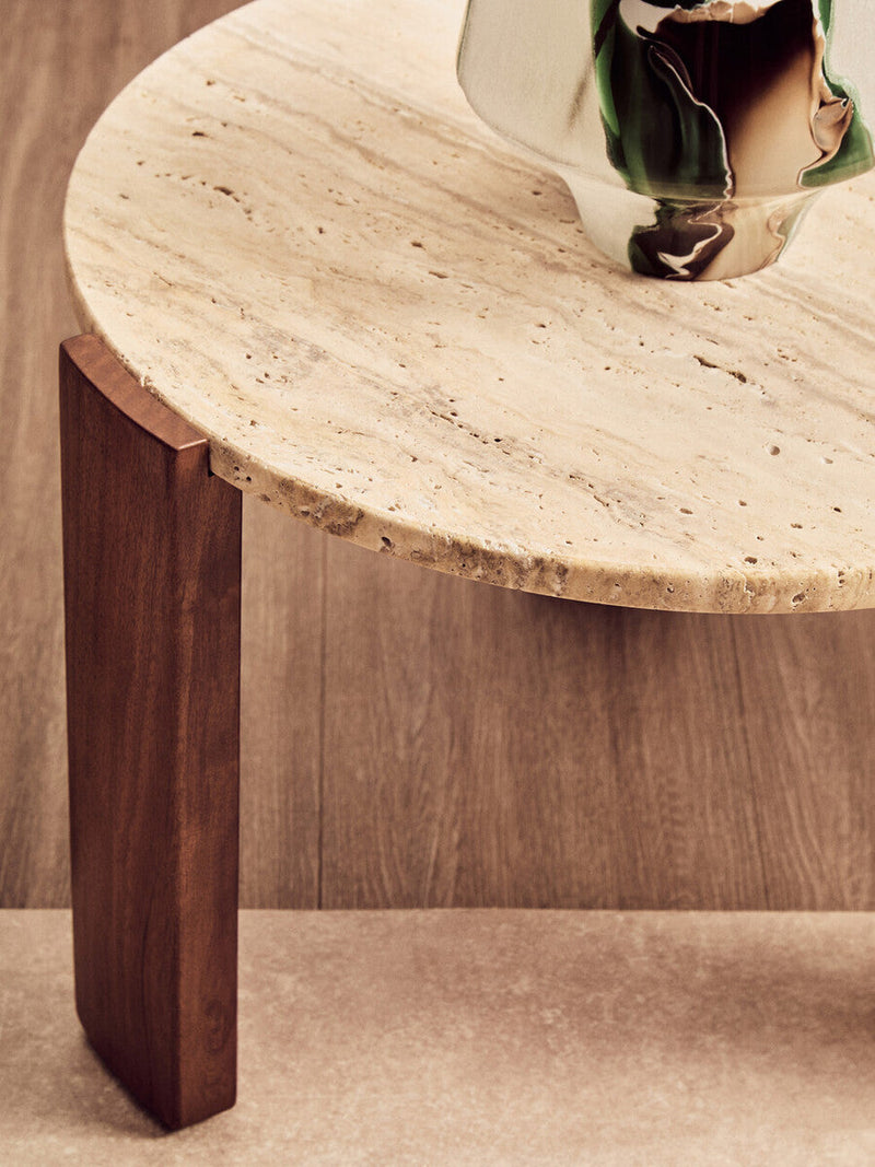 Cream Travertine Top Small Round Coffee Table with Natural Brown Acacia Wood Legs | Palermo