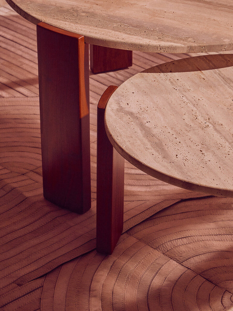 Cream Travertine Top Small Round Coffee Table with Natural Brown Acacia Wood Legs | Palermo