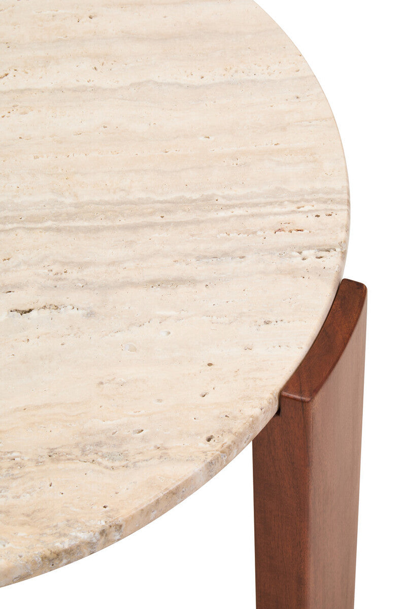 Cream Travertine Top Small Round Coffee Table with Natural Brown Acacia Wood Legs | Palermo