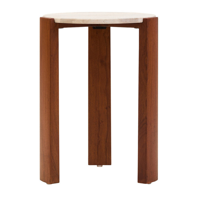 Cream Travertine Top Round Side Table with Natural Brown Acacia Wood Base | Palermo