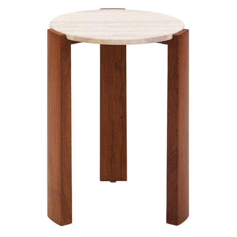 Cream Travertine Top Round Side Table with Natural Brown Acacia Wood Base | Palermo