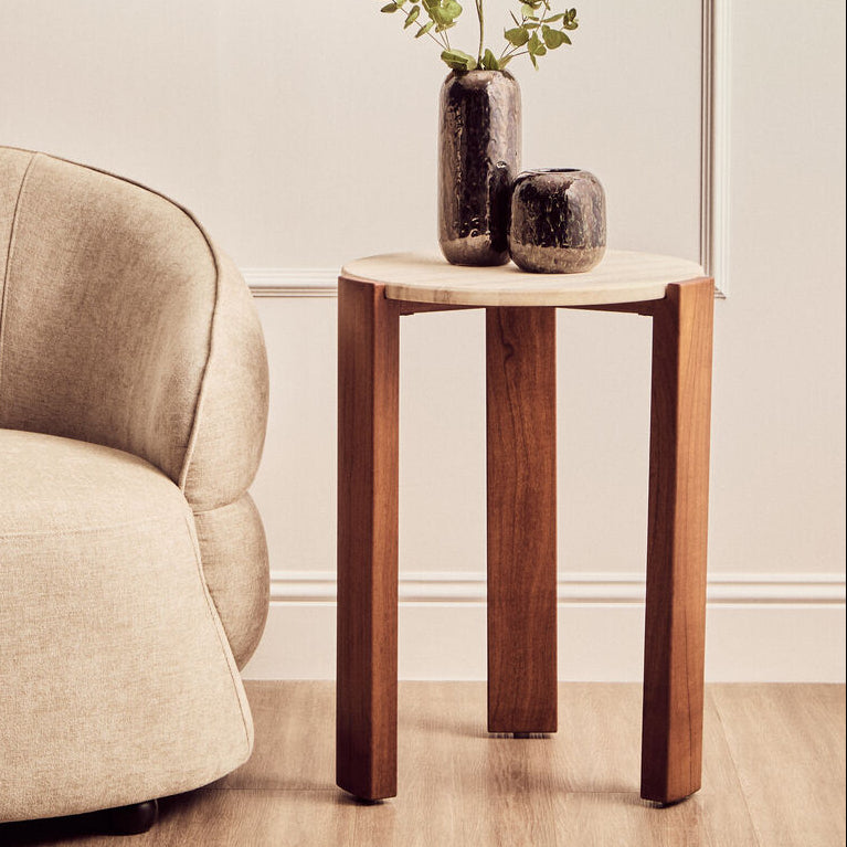 Cream Travertine Top Round Side Table with Natural Brown Acacia Wood Base | Palermo