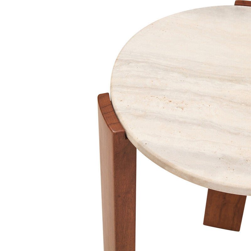 Cream Travertine Top Round Side Table with Natural Brown Acacia Wood Base | Palermo