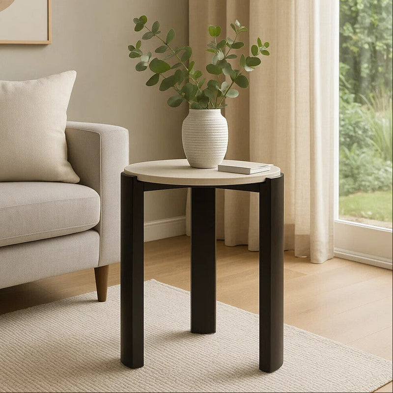 Cream Marble Top Round Side Table with Black Acacia Wood Legs | Palermo