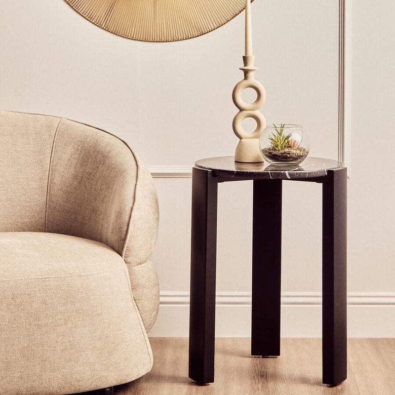 Black Marble Top Round Side Table with Black Acacia Wood Legs | Palermo