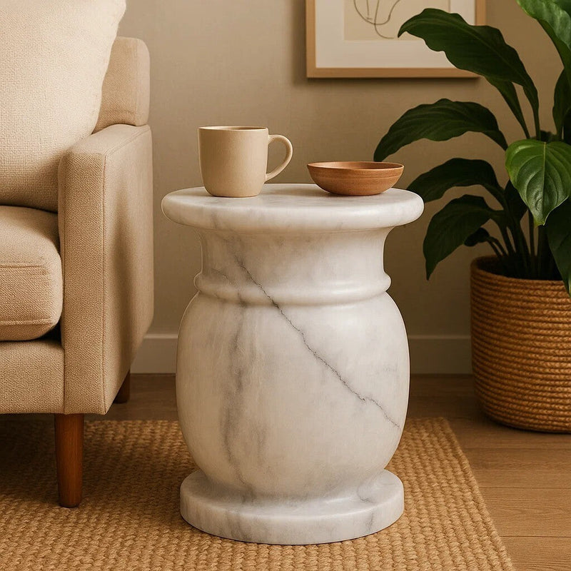 White Marble Multi Use Stool and Side Table with Refined Smooth Surface | Zoro