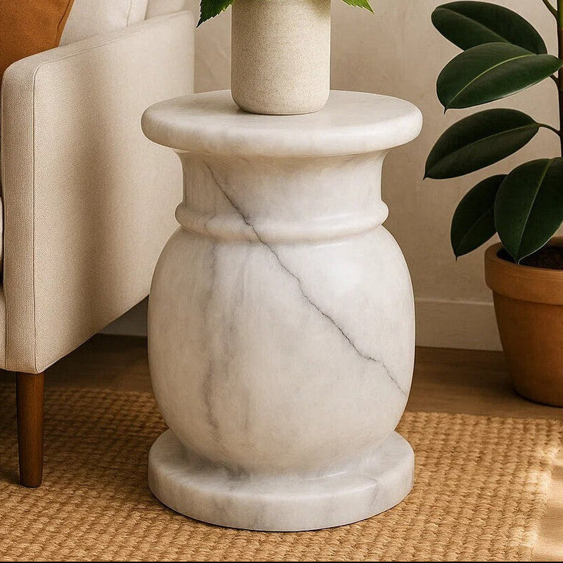 White Marble Multi Use Stool and Side Table with Refined Smooth Surface | Zoro