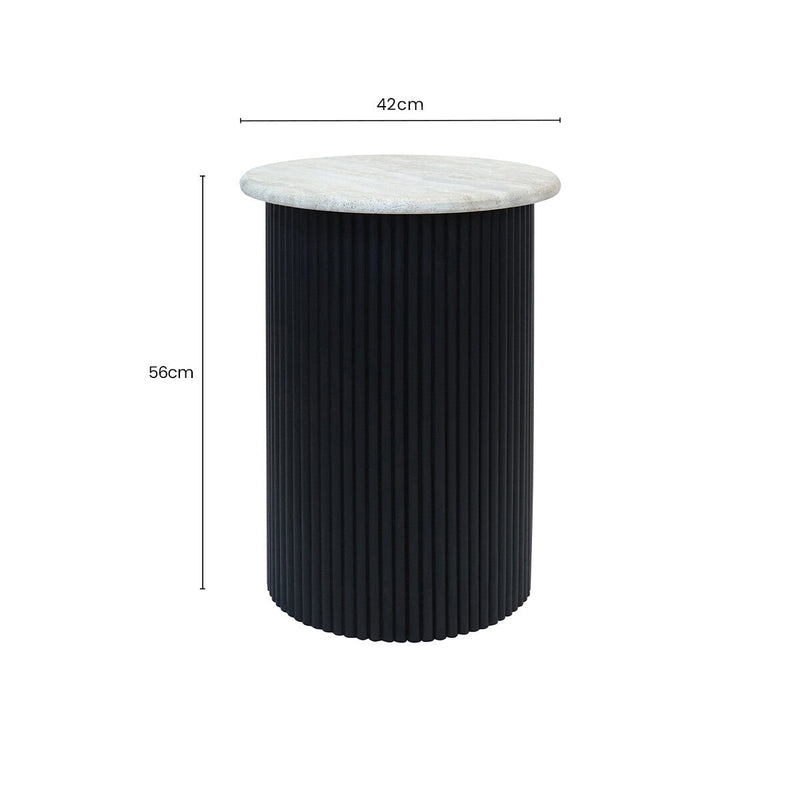 Cream Polished Travertine Top Side Table with Ridged Black Acacia Wood Cylindrical Base | Walton