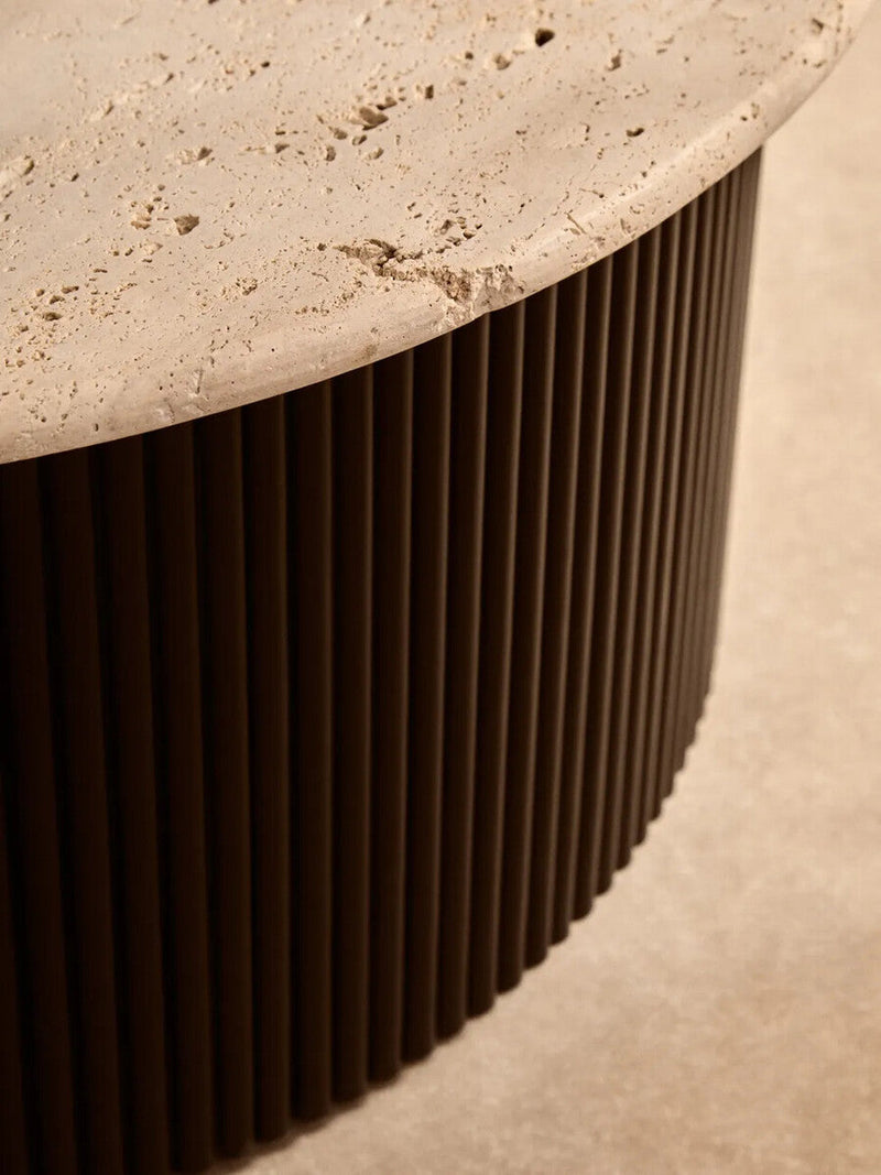 Cream Polished Travertine Top Coffee Table with Ridged Black Acacia Wood Drum Base | Walton