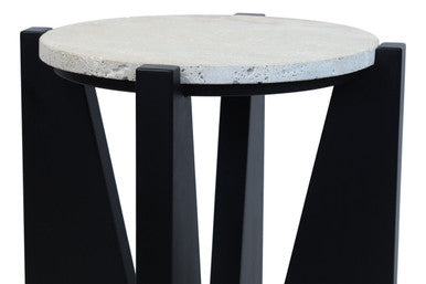 Cream Travertine Top Side Table with Black Acacia Wood Geometric Frame, Walton