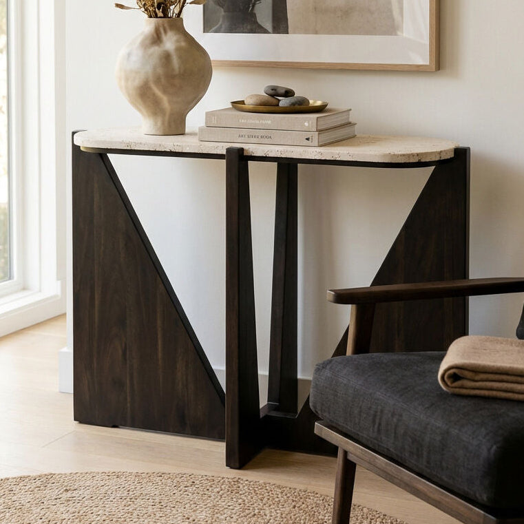 Cream Travertine Top Console Table with Black Acacia Wood Frame, Walton