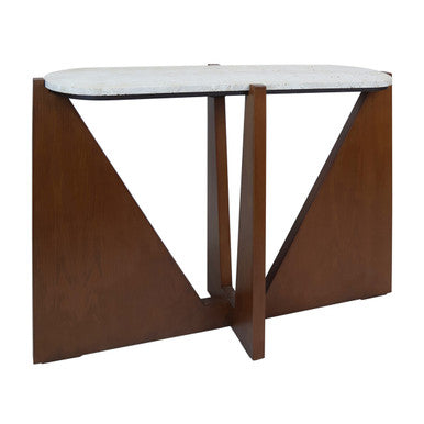 Cream Travertine Top Console Table with Brown Acacia Wood Frame, Walton