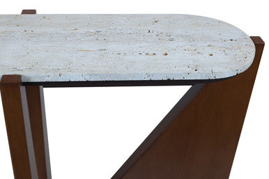 Cream Travertine Top Console Table with Brown Acacia Wood Frame, Walton