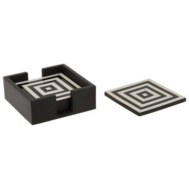 Set of 4 Black and White Stripe Coasters with Holder | Donato