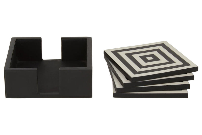 Set of 4 Black and White Stripe Coasters with Holder | Donato