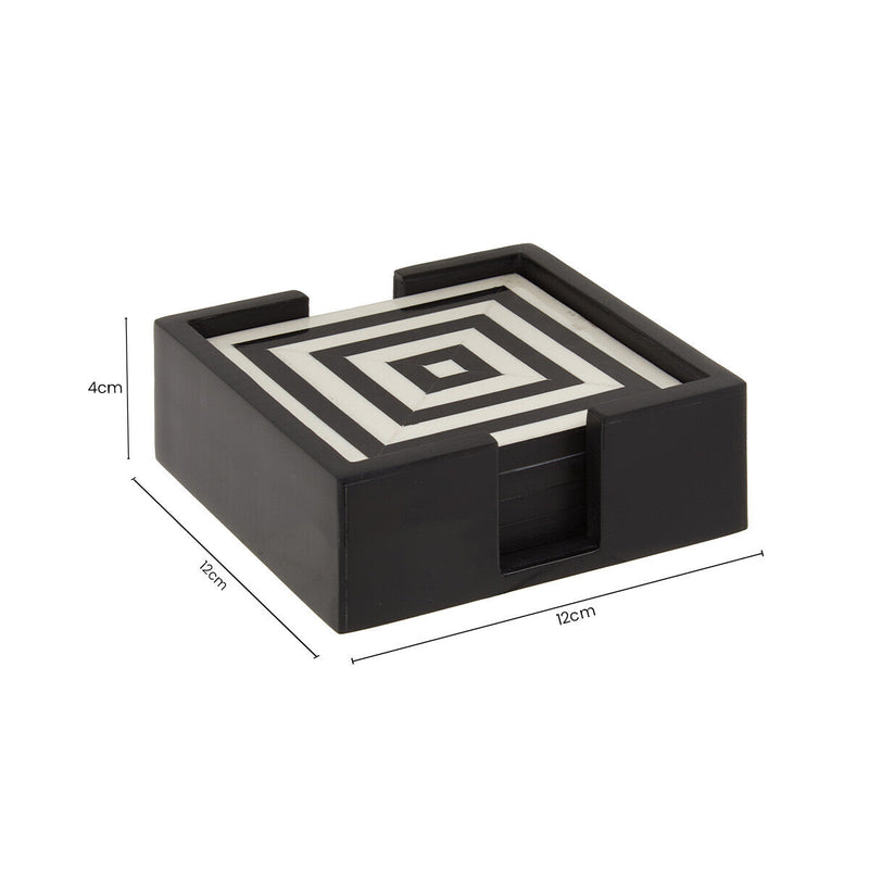Set of 4 Black and White Stripe Coasters with Holder | Donato