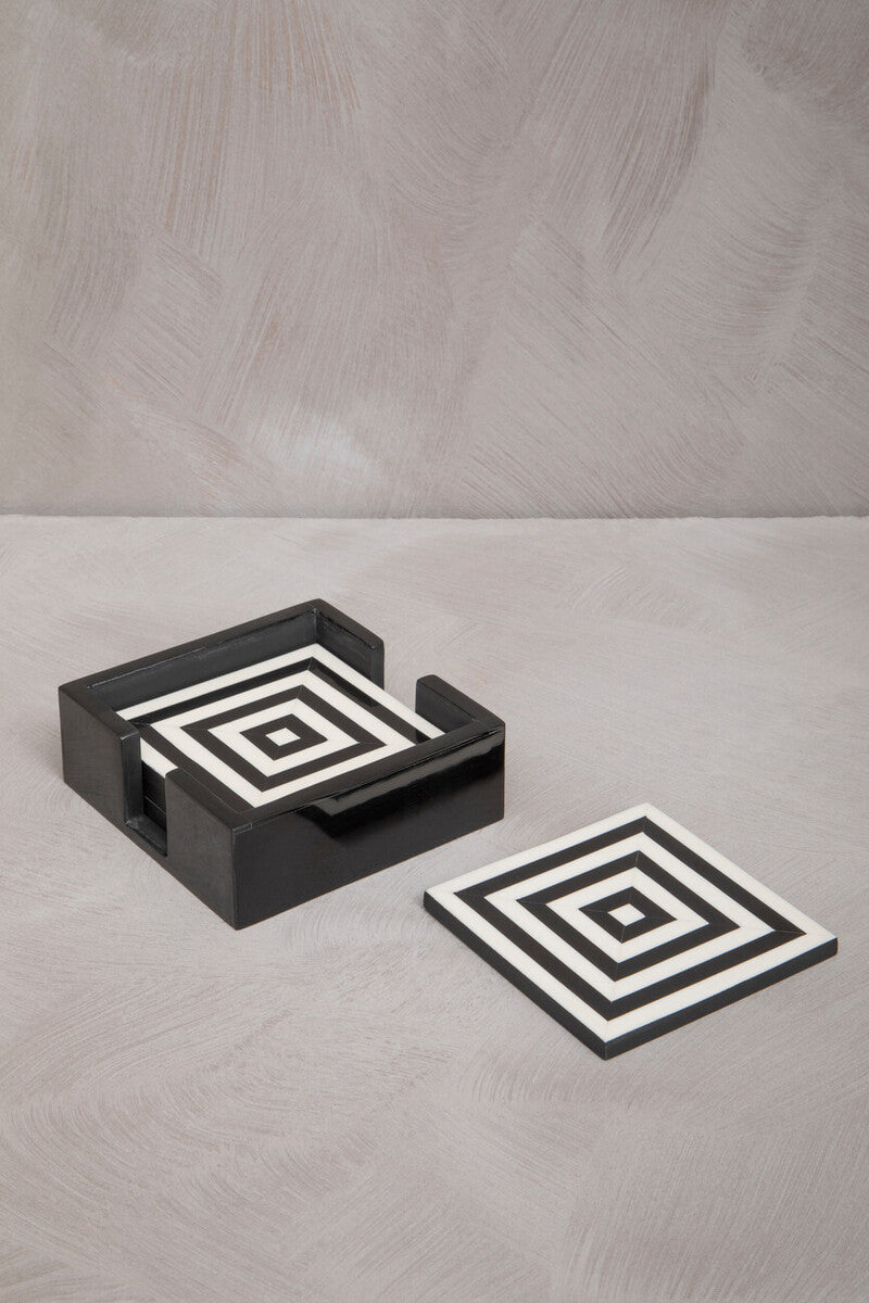 Set of 4 Black and White Stripe Coasters with Holder | Donato