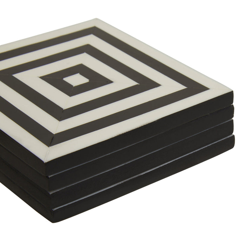 Set of 4 Black and White Stripe Coasters with Holder | Donato