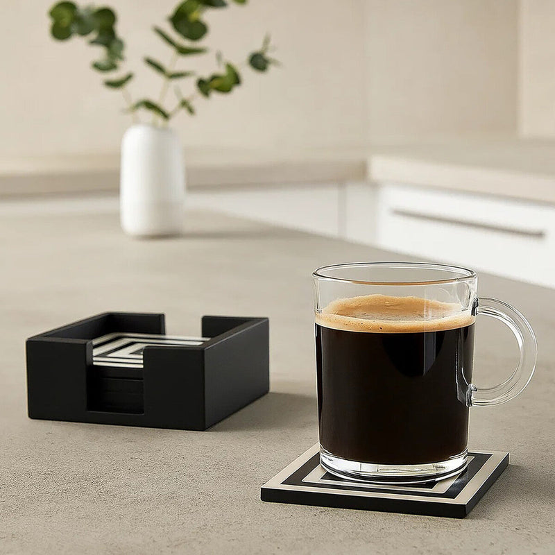 Set of 4 Black and White Stripe Coasters with Holder | Donato