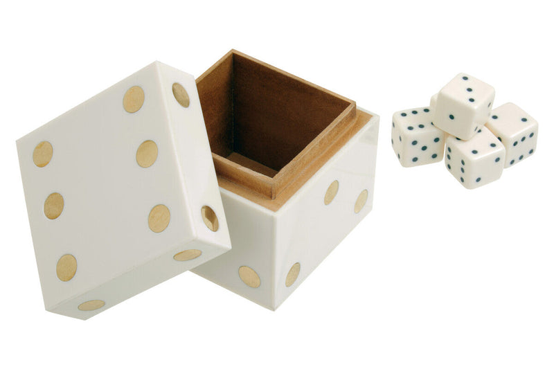 White and Gold Dice Box with Five White Dice | Churchill Games