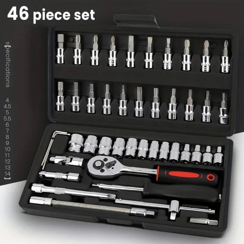 46Pcs Metric Socket 1/4" HSS Drive Ratchet Bit Set Wrench Torx Hex Tool Kit Case