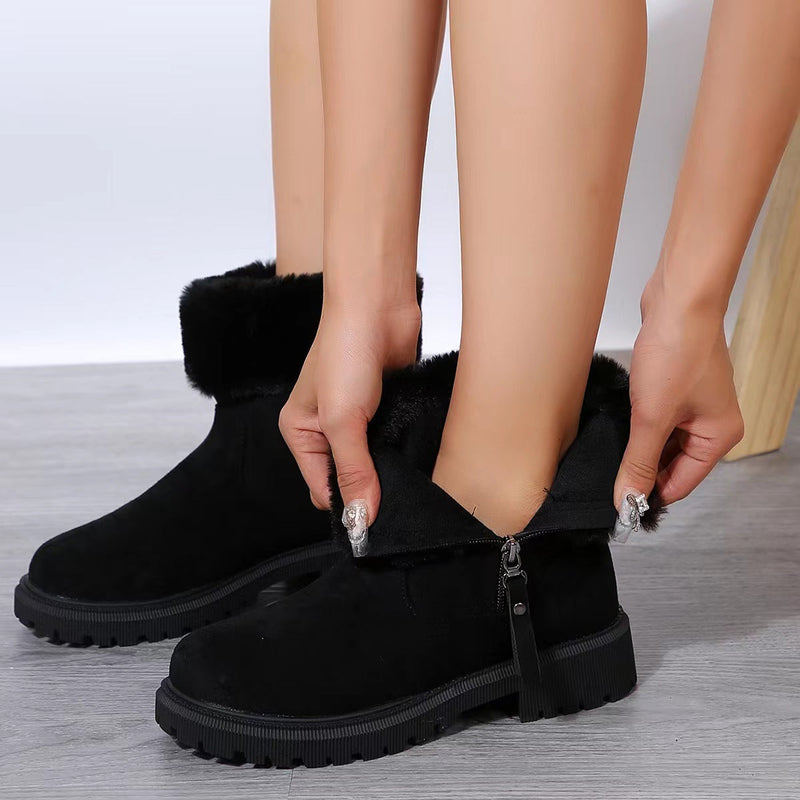 Women's Warm Plush Winter Snow Boots Side-Zip Suede Low Heel Ankle Fur Boots