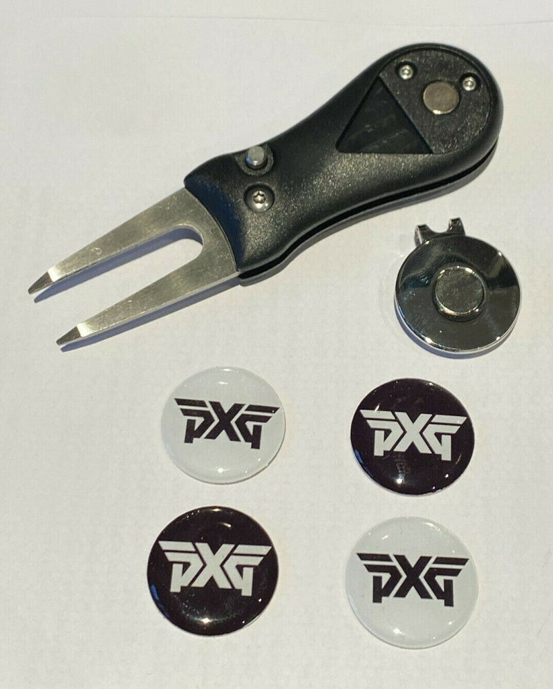 Golf Switchblade Divot Tool with Magnetic Hat Clip & 4 PXG Ball Markers