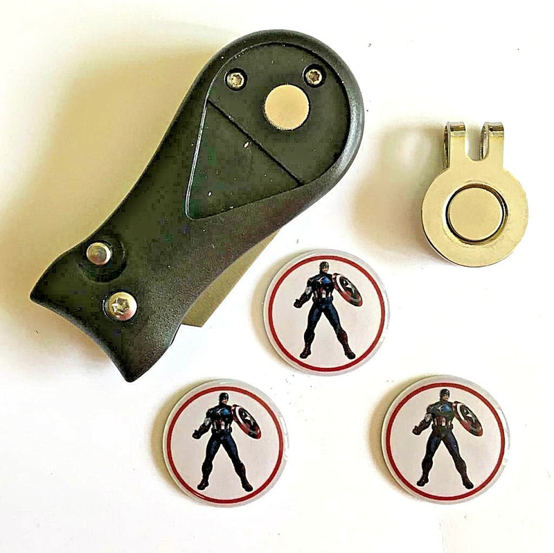 Magnetic Golf Hat Clip with Pitchfork & 3 Captain America Markers