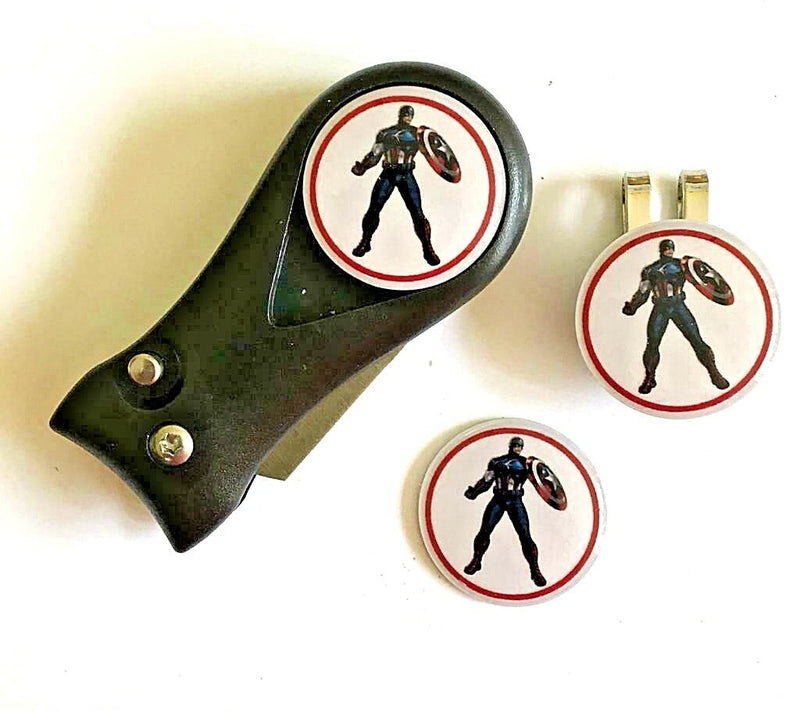 Magnetic Golf Hat Clip with Pitchfork & 3 Captain America Markers