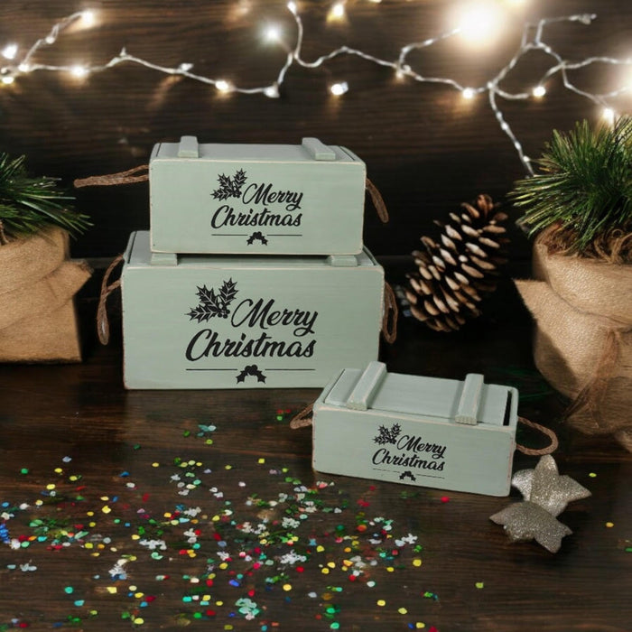 S/3 RUSTIC GREEN CRATES WITH LIDS ROPE HAN