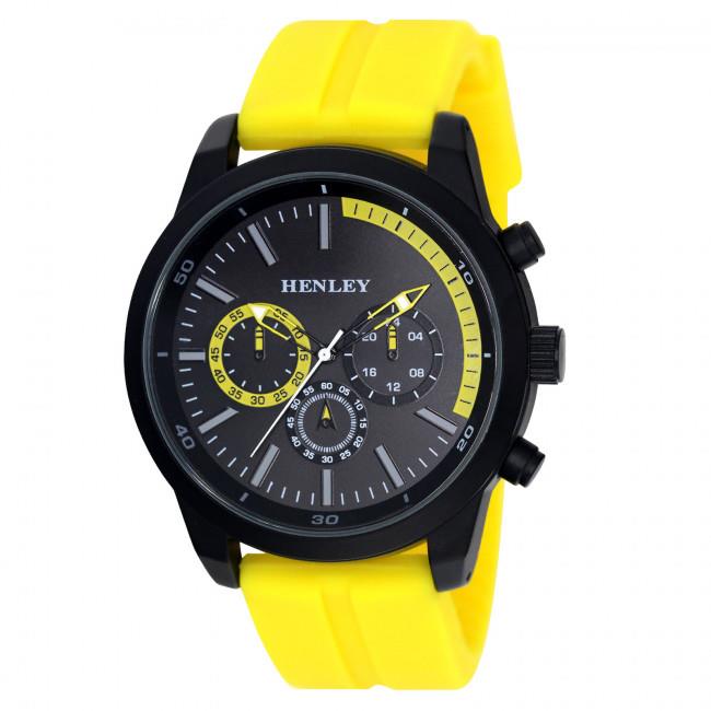 Henley Mens classy sporty Multi eye dials Large Silicone Watch Black/Yellow H02227.9