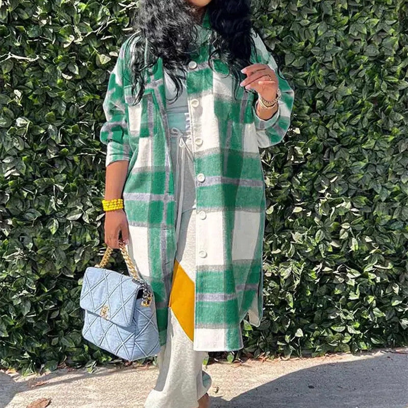 Women's Mid-length Casual Fashion Plaid Single-breasted Coat