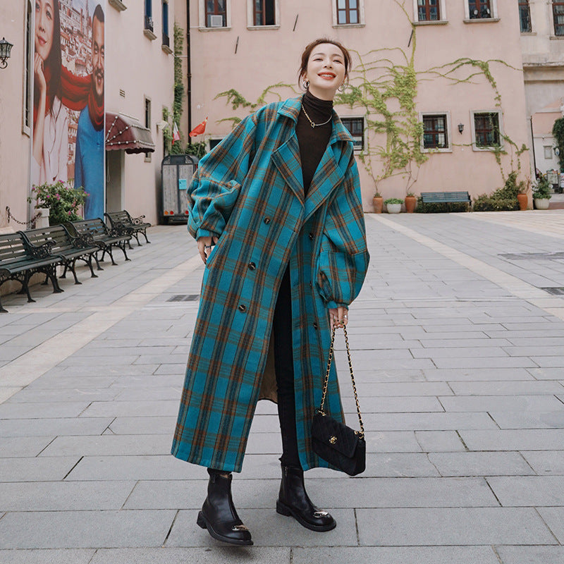 Women's Mid-length Plaid Woolen Coat