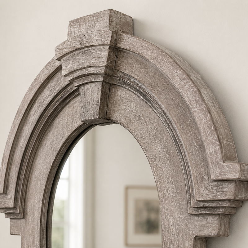 Mansard Architectural Oval Wall Mirror - Distressed Grey Wood Frame