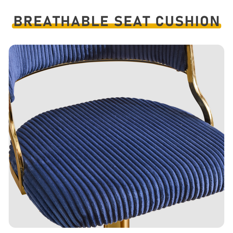 2pcs Blue Corduroy Swivel Bar Stools with Gold Plated Trumpet Base and Height Adjustable Gas Lift