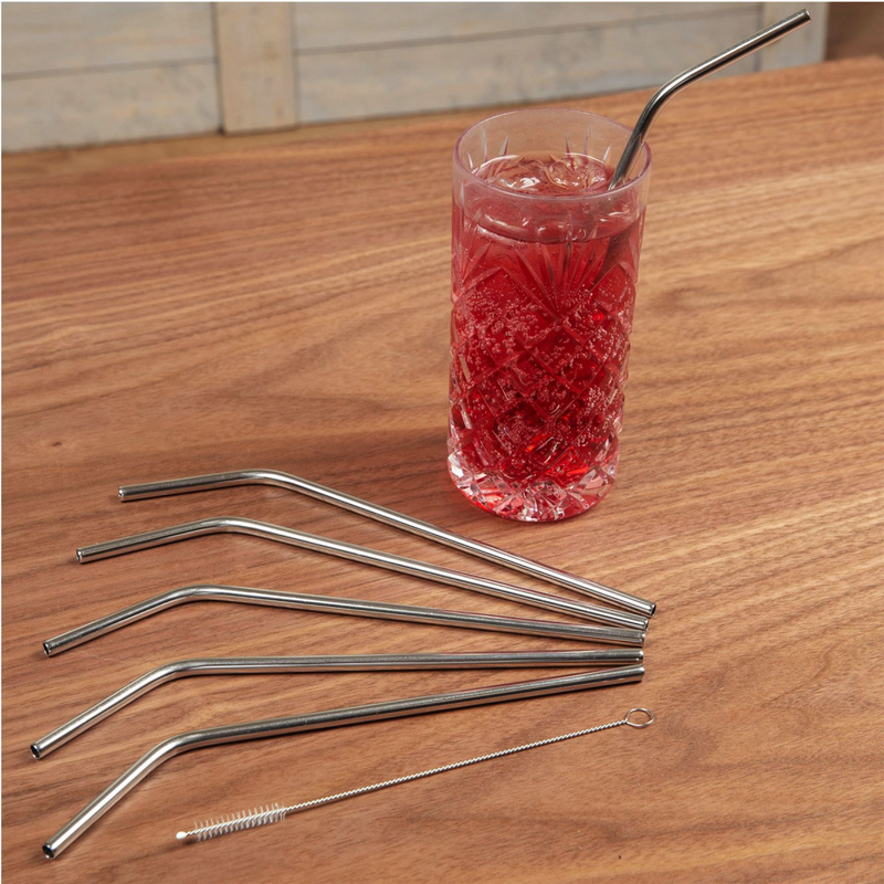 Set of 6 Curved Steel Drinking Straws & Brush 22cm