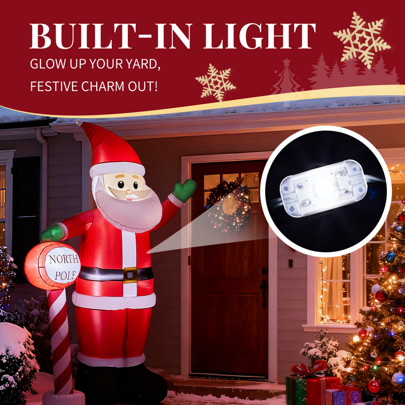 2.45M Lighted Christmas Inflatable Decoration, Inflatable Santa with North Pole Road Sign, Funny Blow Up Yard Decorations with Built-in LED Lights for Holiday Party Front Yard Lawn Garden Decor