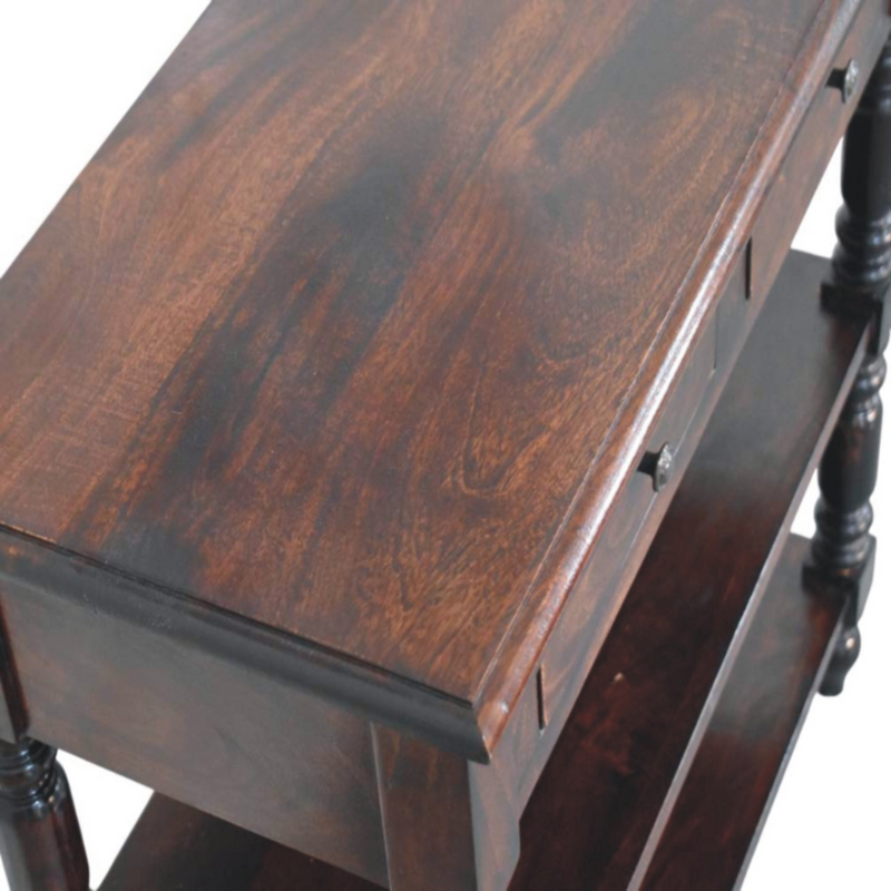 Artisan Furniture Solid Wood Turned legs Cherry Side Table, 2 Drawers, 2 Shelves, Dark Brown