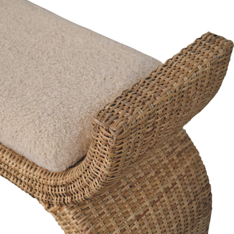Artisan Furniture Solid Wood Rattan Weave Boucle Bench, Upholstered, Brown & Cream