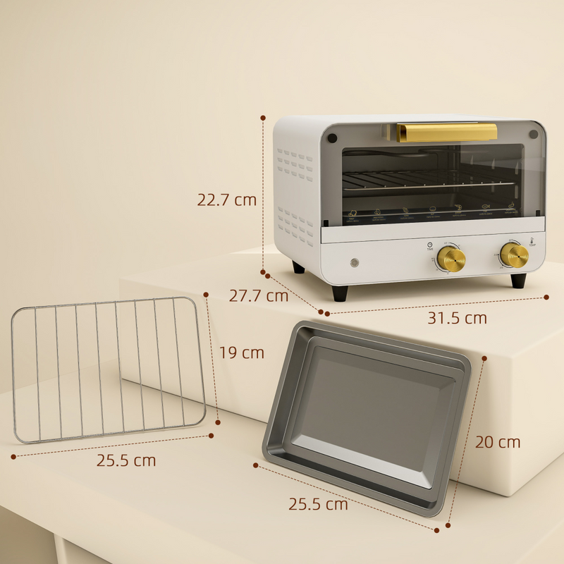 HOMCOM Small Toaster Oven, 12L Mini Countertop Oven with Glass Door, White