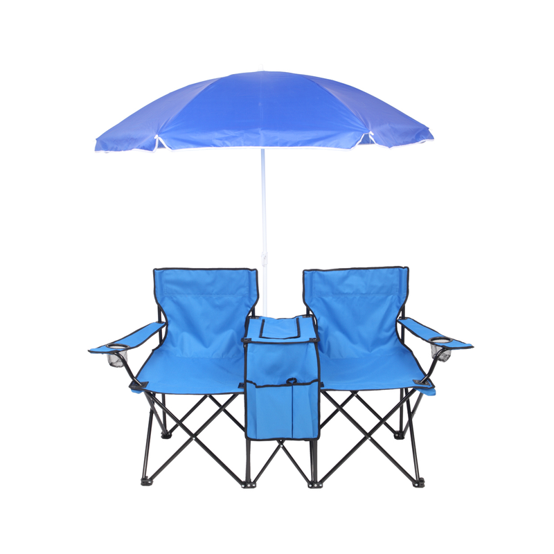 Portable Outdoor 2-Seat Folding Chair with Removable Sun Umbrella Blue